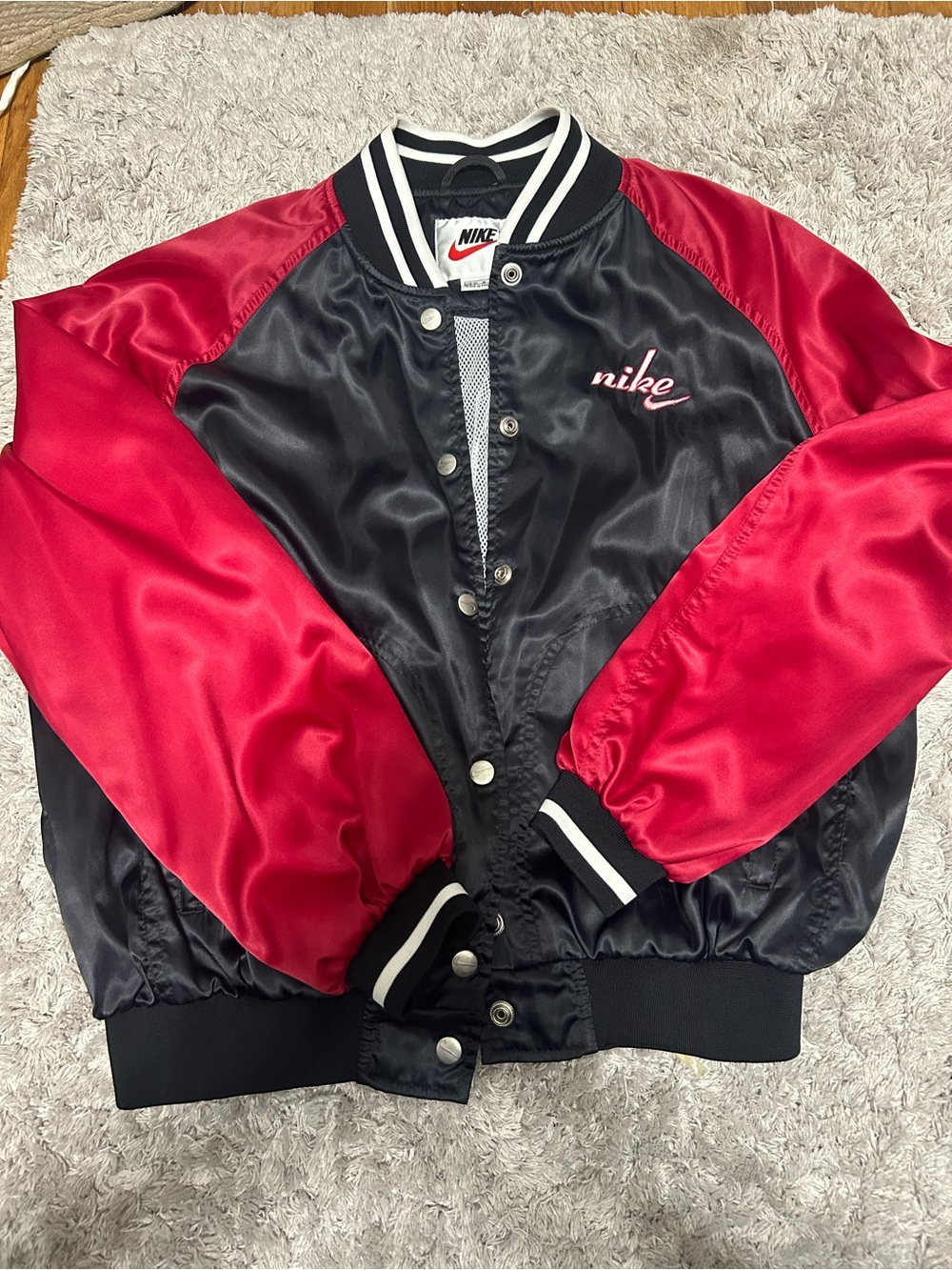 Nike Satin Bomber Jacket in Black and Red Women’s Medium